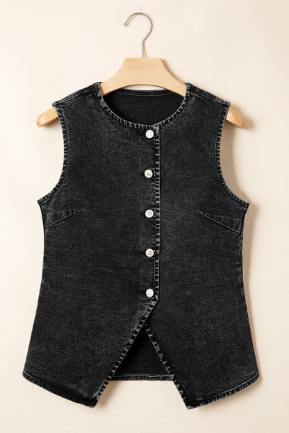 Tank Tops - Black Buttoned Front Slit Denim Vest