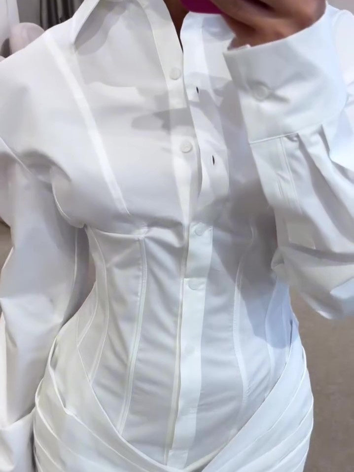 Shirt Dresses - White Pleated Long Sleeve Shirt Dress