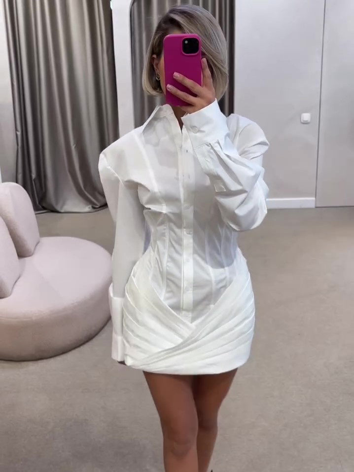 Shirt Dresses - White Pleated Long Sleeve Shirt Dress