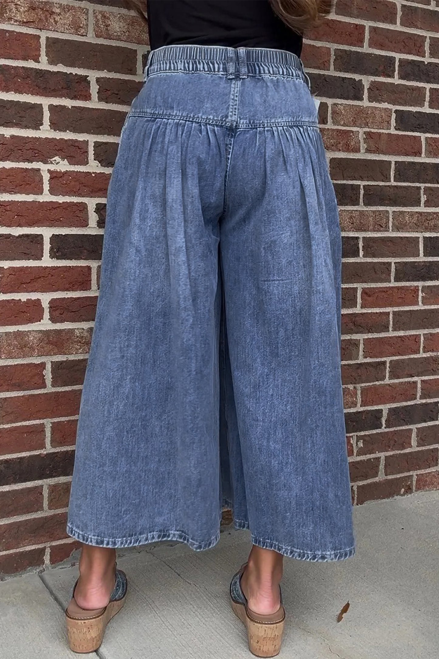 Jeans - Dusk Blue High Rise Buttons Pleated Cropped Wide Leg Denim Pants