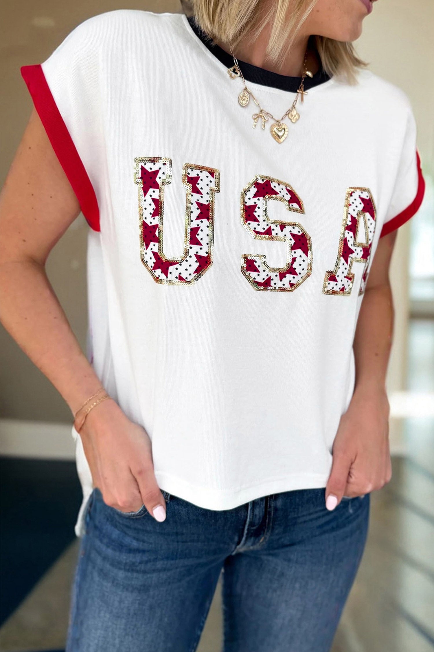 Tops & Tees - White USA Sequin Color Block Trim Loose T Shirt
