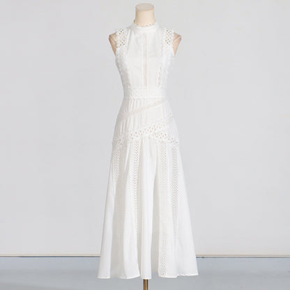 A-Line Dresses - Round Neck Sleeveless Waist Lace Stitching Solid Color Dress