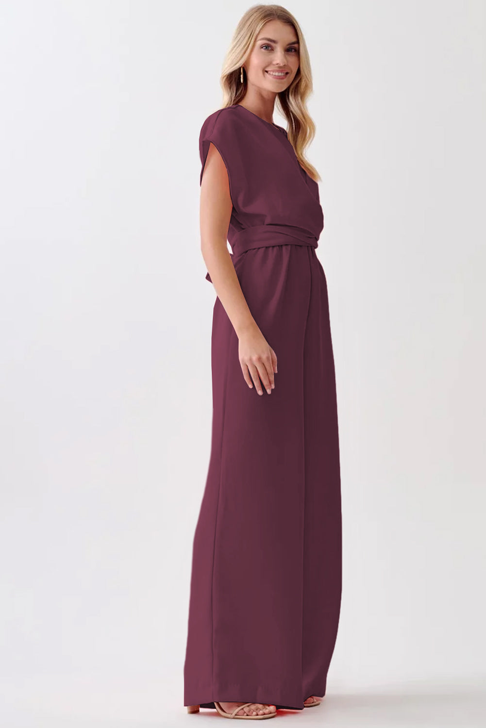 Jumpsuits & Rompers - Burgundy Solid Color Cap Sleeve Knot Waist Shift Jumpsuit