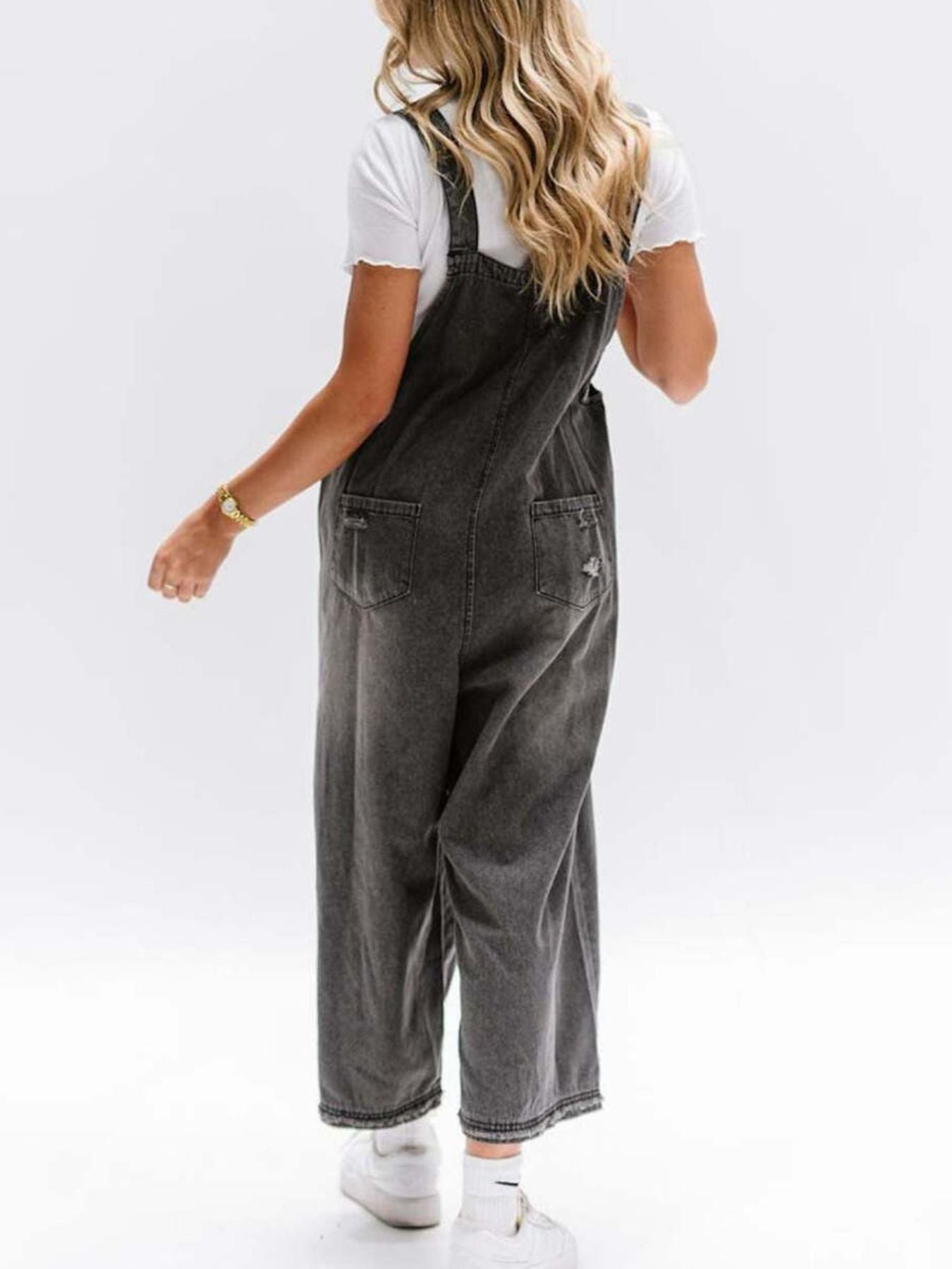  - Distressed Wide Leg Denim Overalls