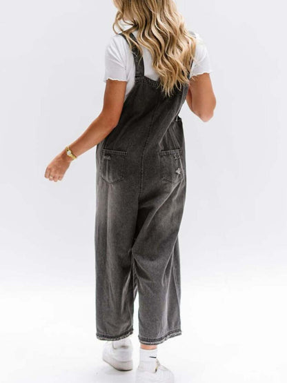  - Distressed Wide Leg Denim Overalls