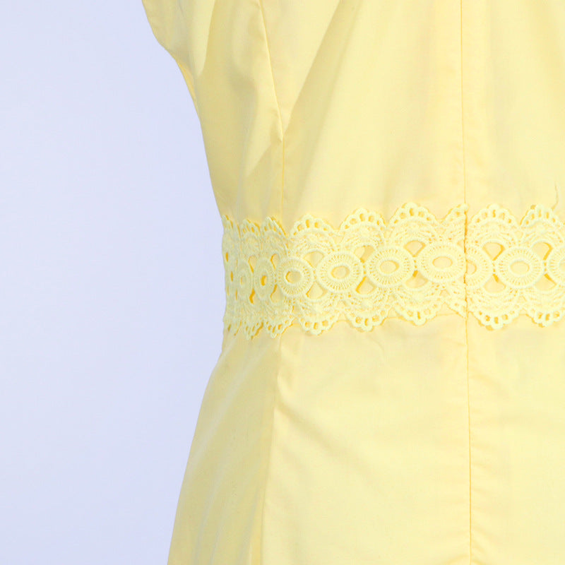 Round Neck Sleeveless Waist Lace Stitching Solid Color Dress
