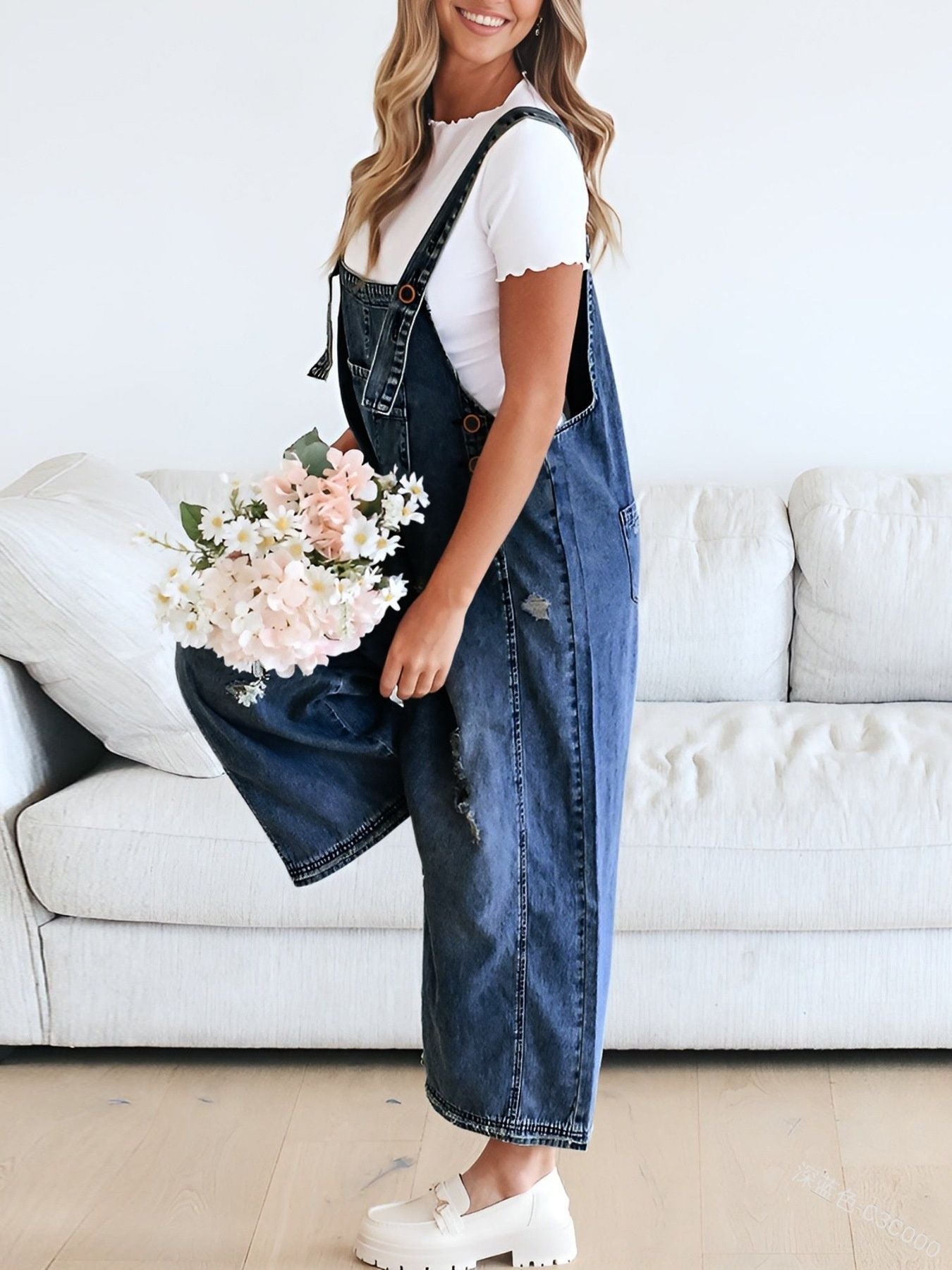  - Distressed Wide Leg Denim Overalls