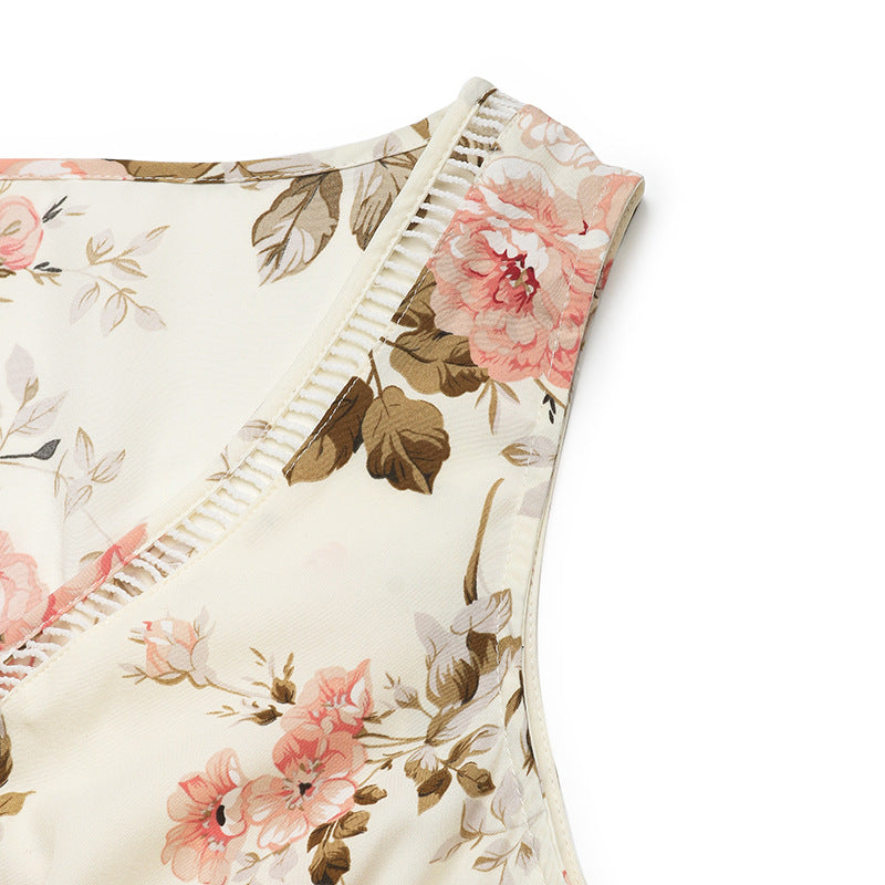 A-Line Dresses - European And American Printed Dress V-neck Lace Stitching Dress