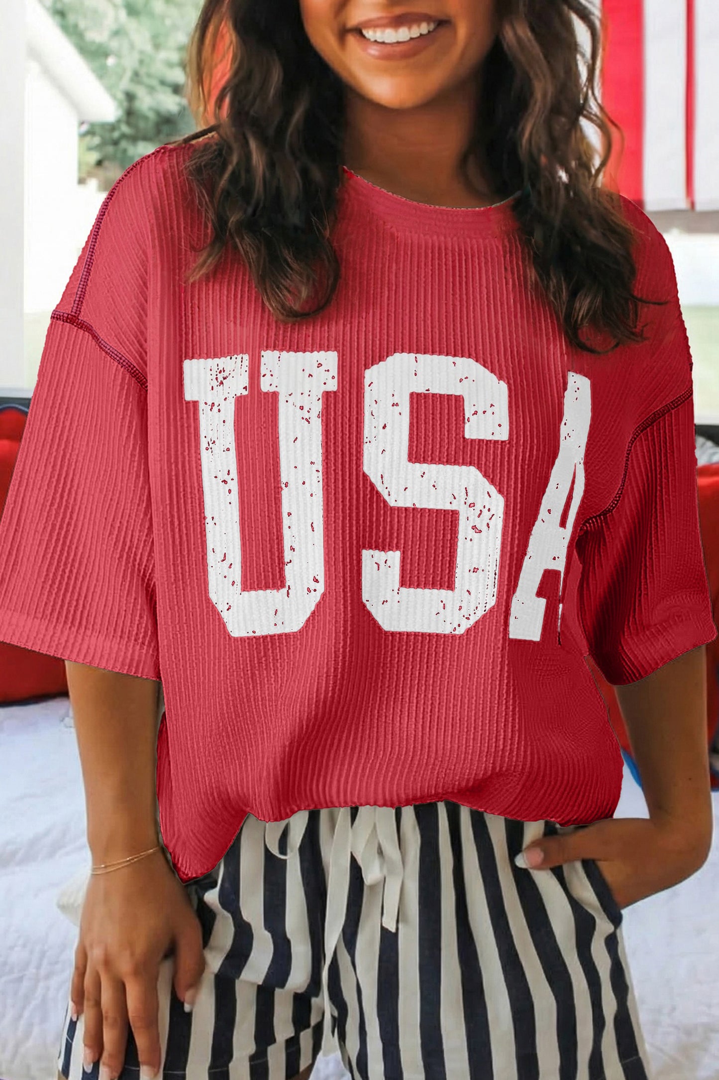Tops & Tees - White USA Graphic Half Sleeve Loose Ribbed Top