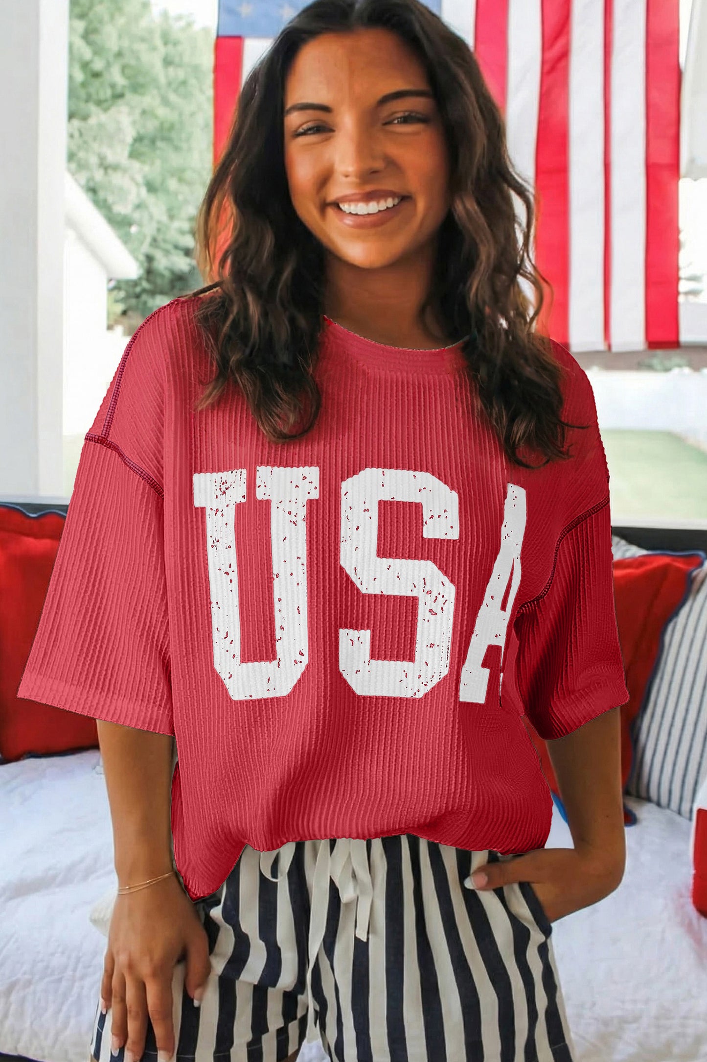 Tops & Tees - White USA Graphic Half Sleeve Loose Ribbed Top