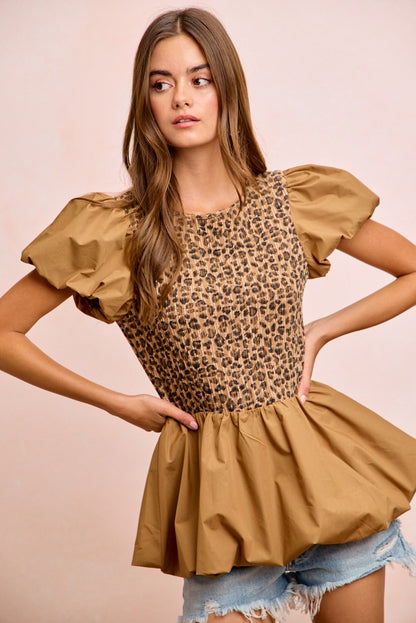  - BiBi Rib Texture Leopard Puff Sleeves Bubble Peplum Top