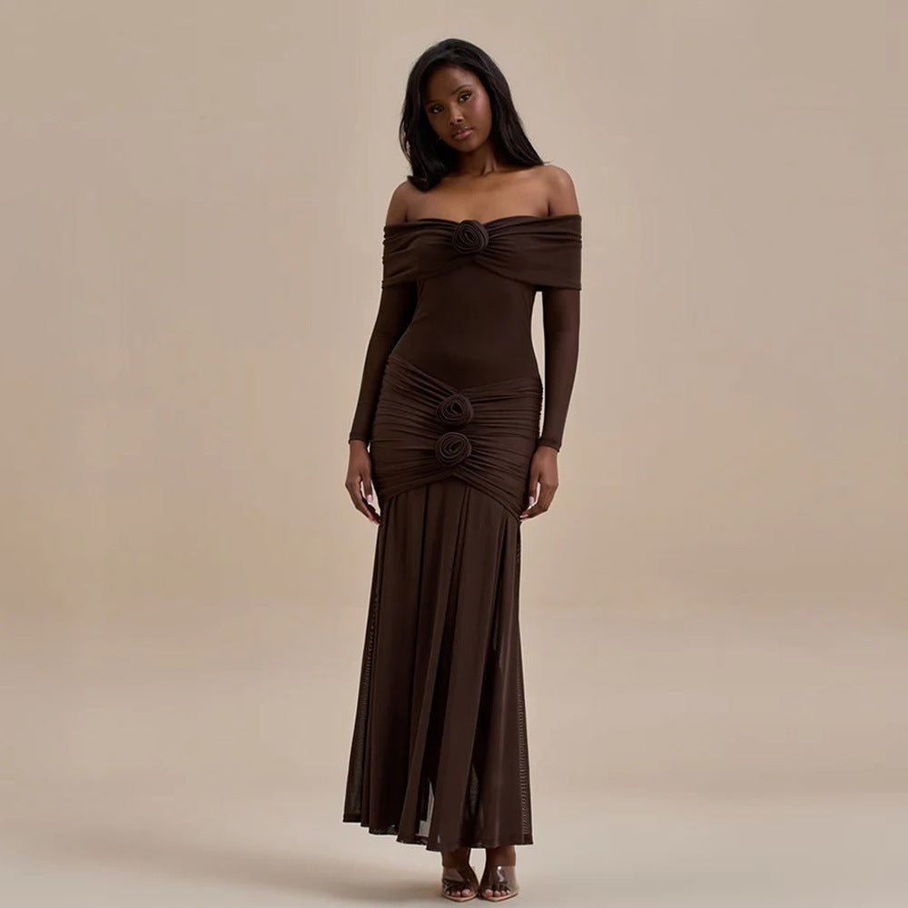 Elegant Dresses - Fashion Off-shoulder Pleated Dress Flower Dress