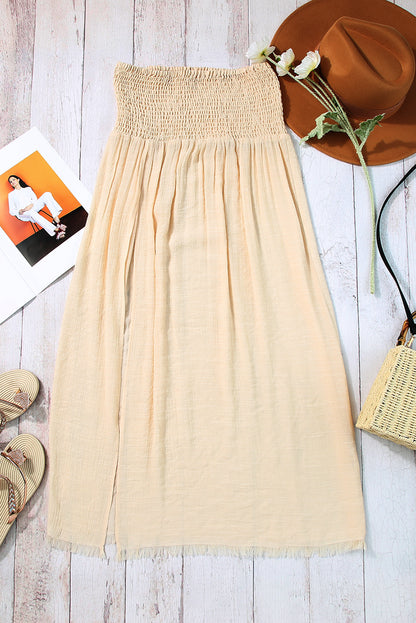 Beach Cover-ups - Pale Khaki Shirred High Waist Split Long Beach Skirt