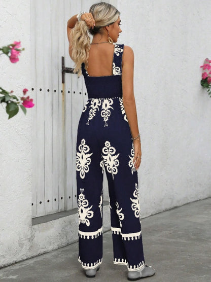Jumpsuits - Women's Vacation Casual Sleeveless Printed Wide Leg Jumpsuit