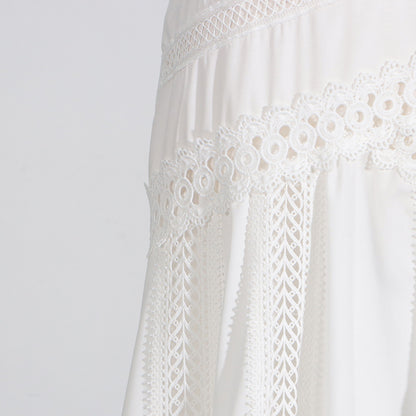 Round Neck Sleeveless Waist Lace Stitching Solid Color Dress