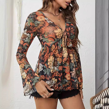 Blouses - New Mesh Printed Front Knotted Flare Sleeve T-shirt Long-sleeved Top For Women