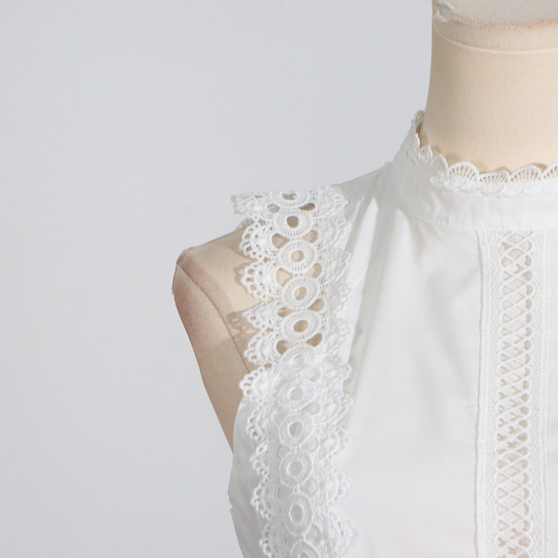 Round Neck Sleeveless Waist Lace Stitching Solid Color Dress