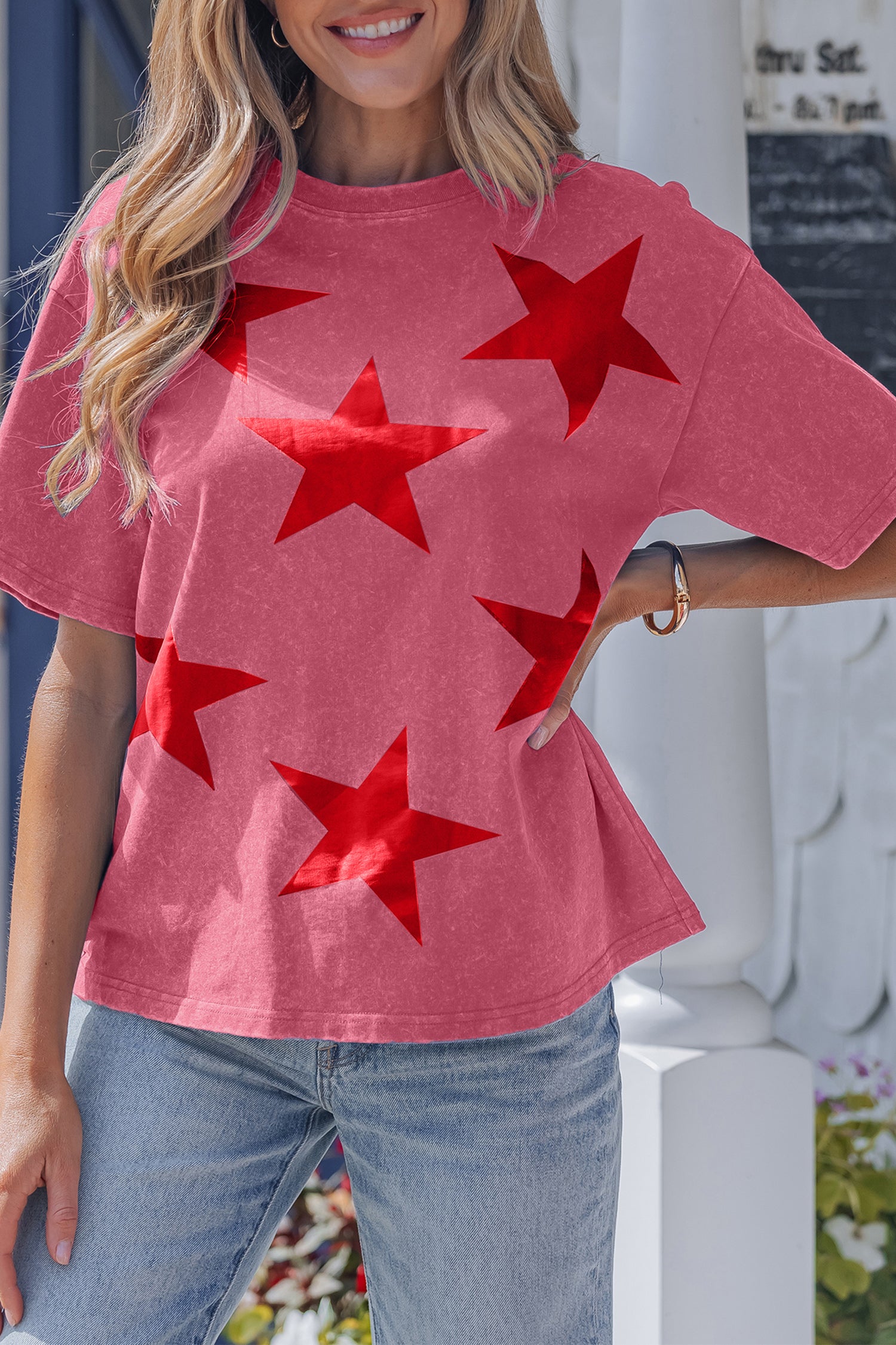 Tops & Tees - Red Independence Day Star Printed Mineral Wash T Shirt