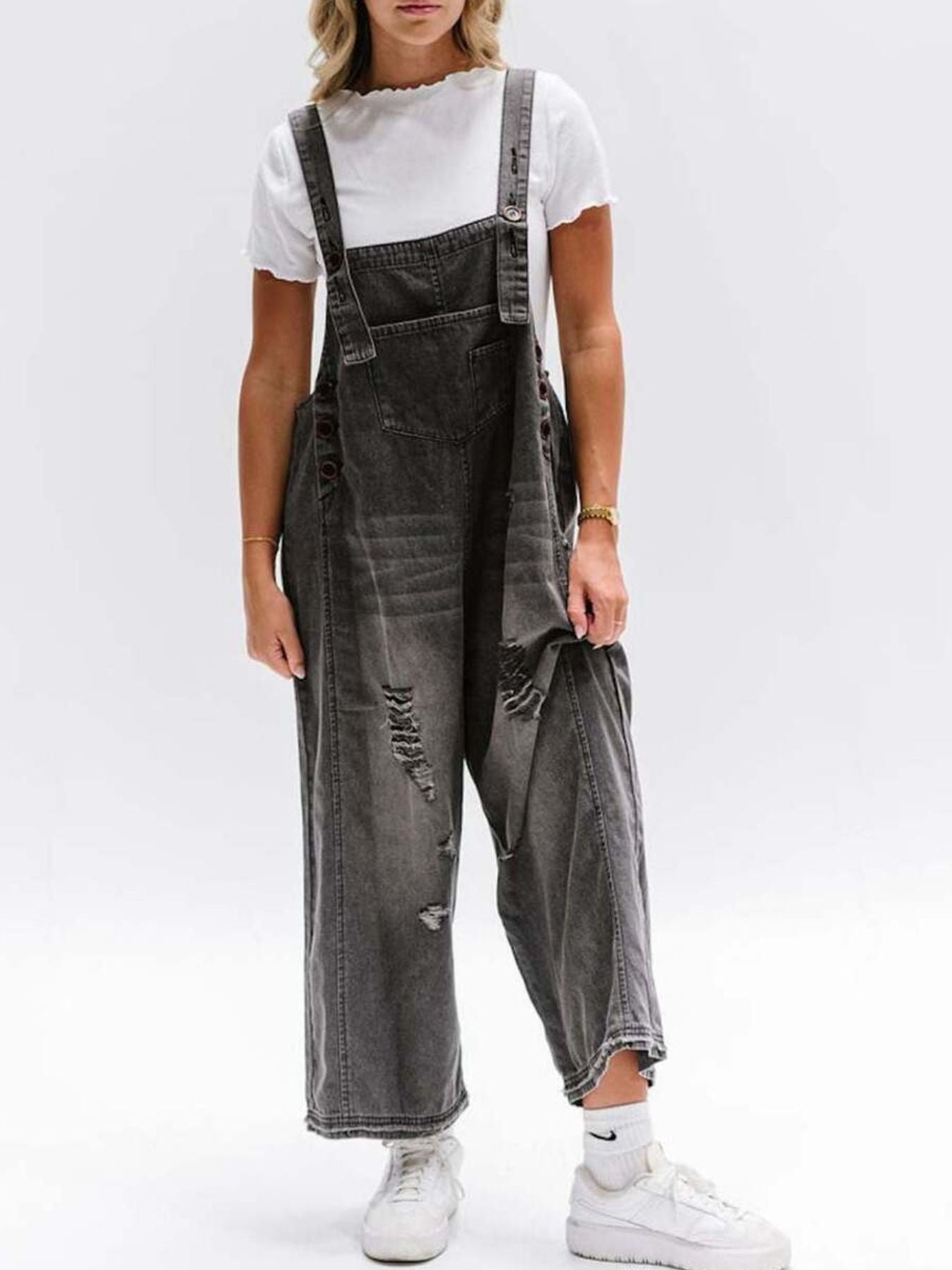  - Distressed Wide Leg Denim Overalls