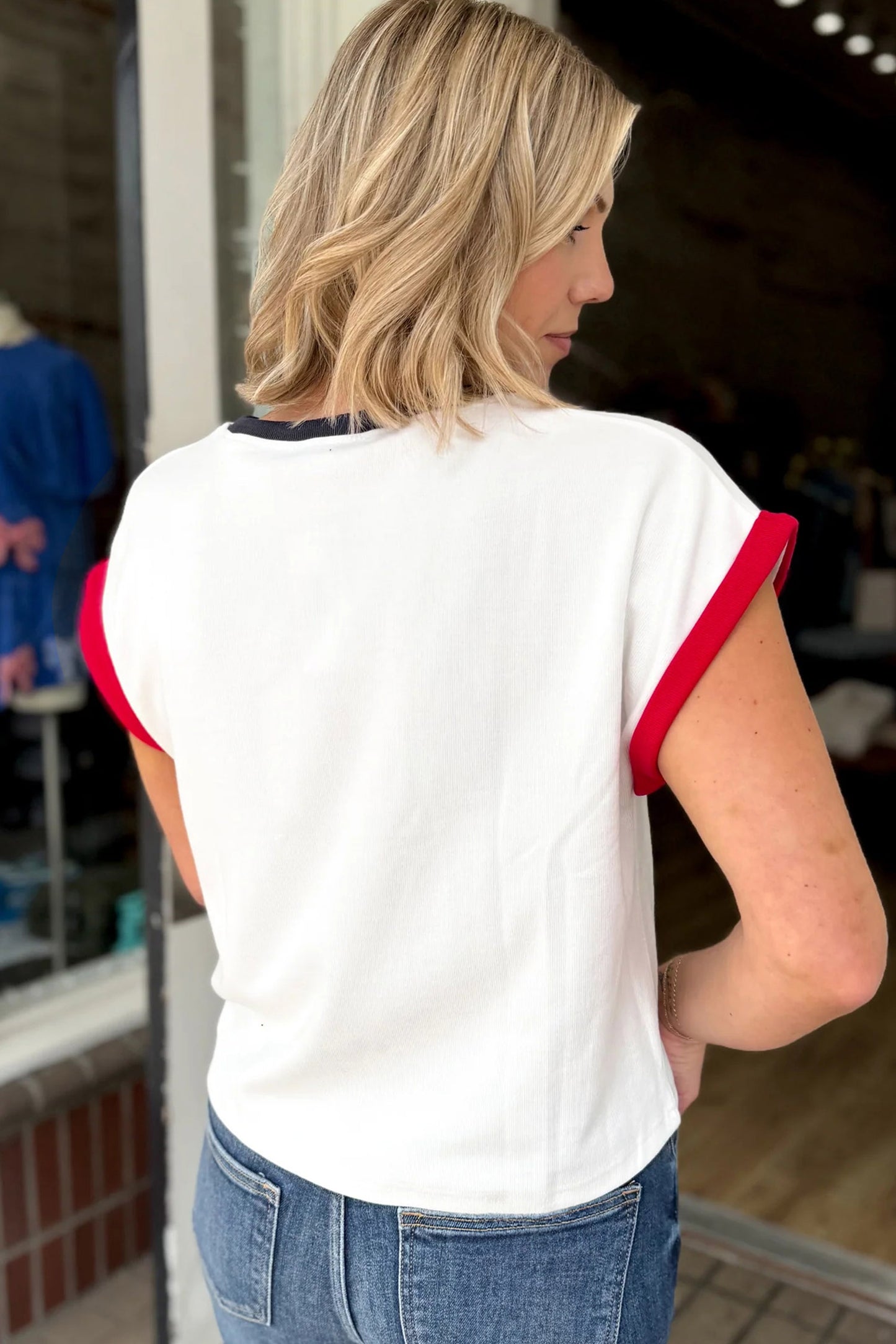 Tops & Tees - White USA Sequin Color Block Trim Loose T Shirt