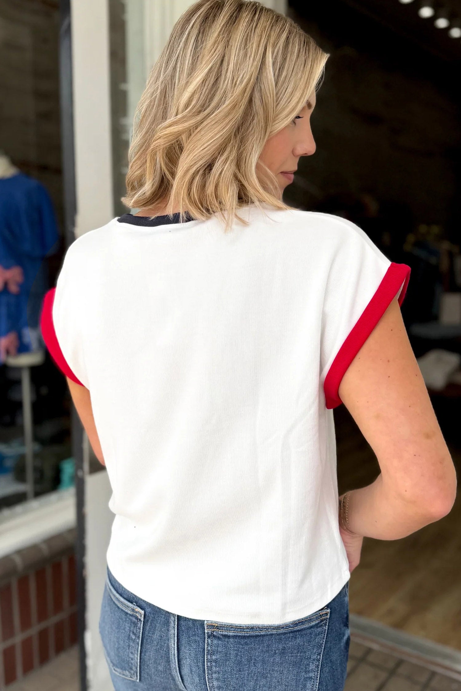 Tops & Tees - White USA Sequin Color Block Trim Loose T Shirt
