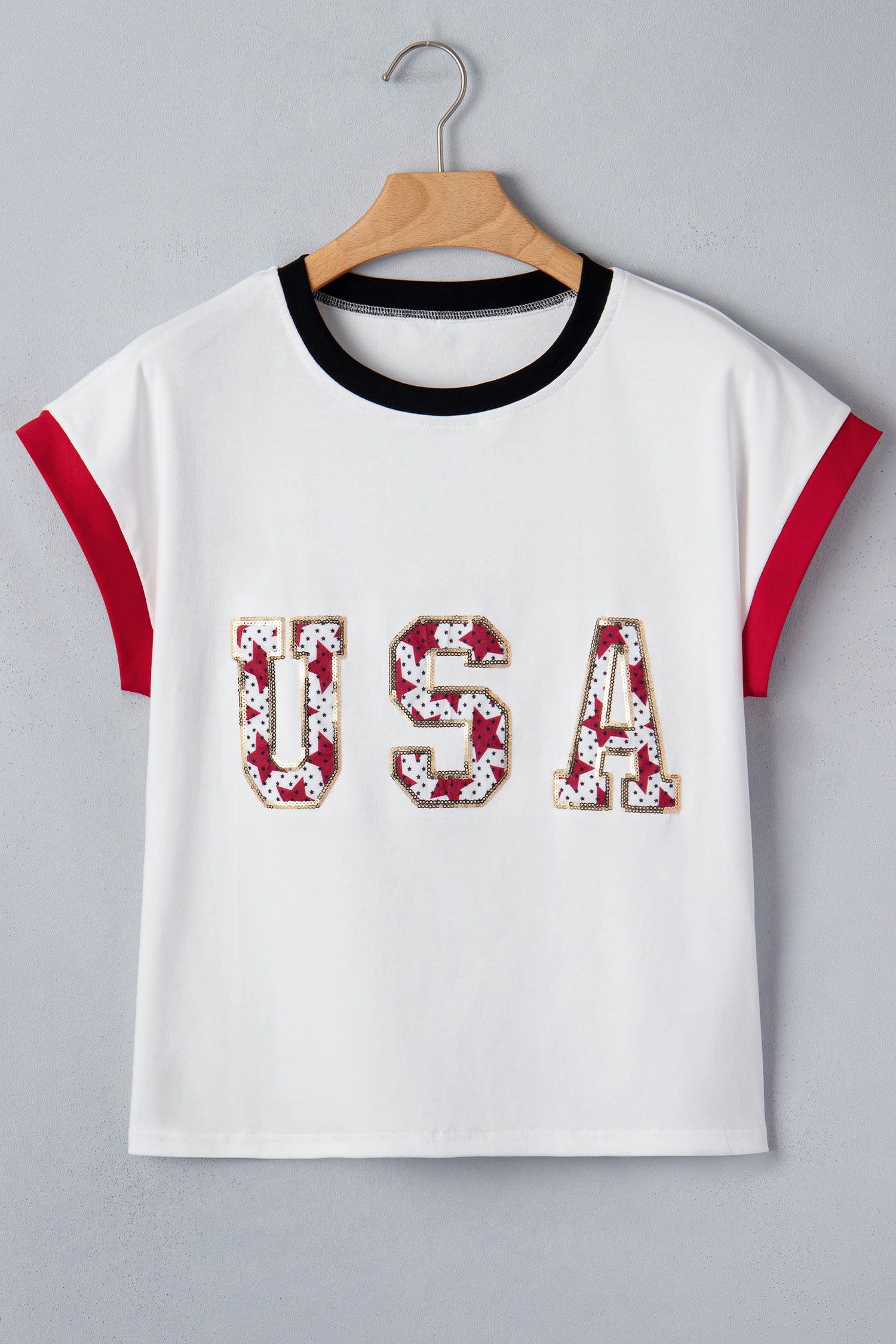 Tops & Tees - White USA Sequin Color Block Trim Loose T Shirt