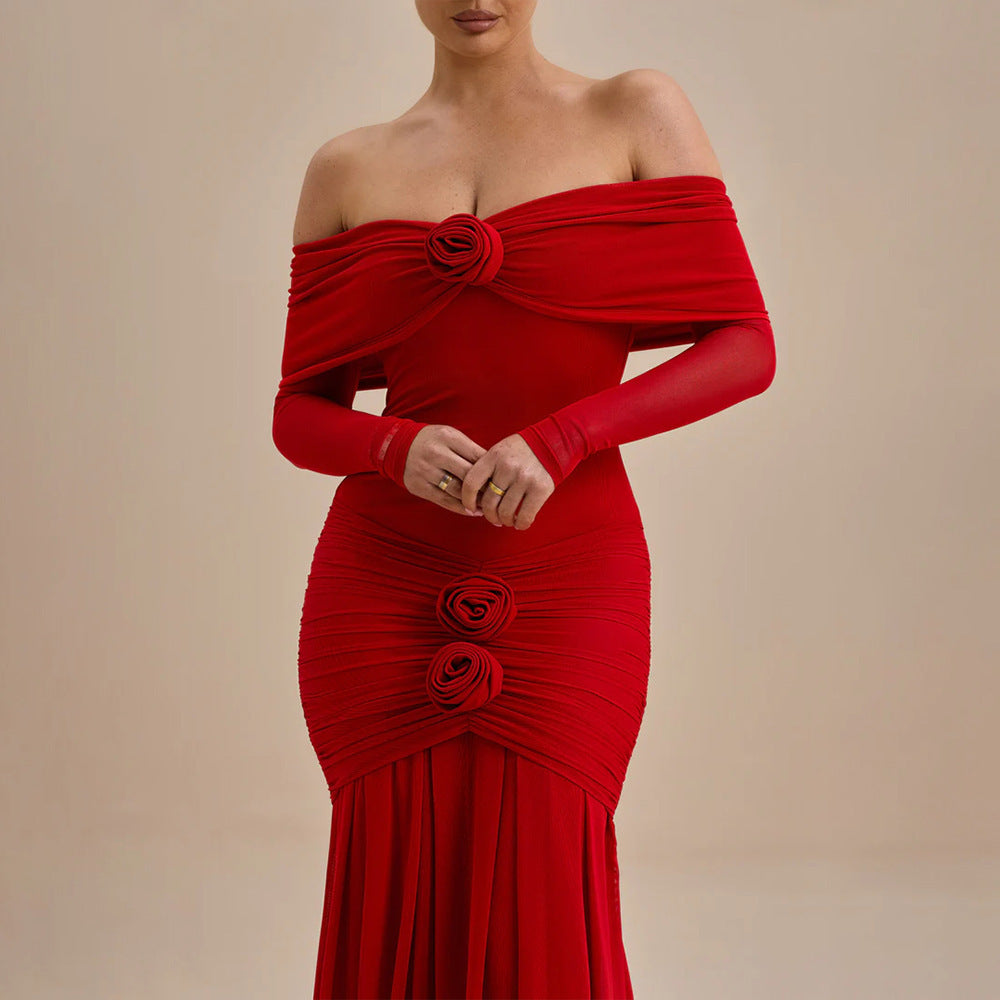 Elegant Dresses - Fashion Off-shoulder Pleated Dress Flower Dress
