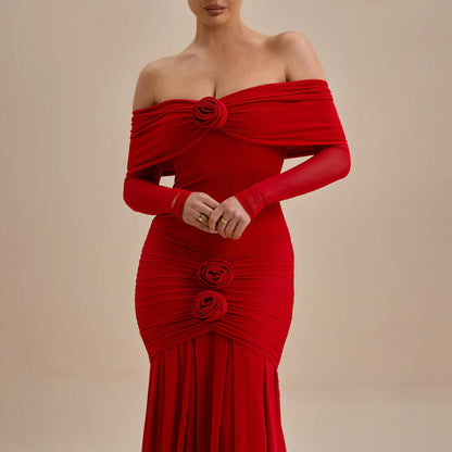 Elegant Dresses - Fashion Off-shoulder Pleated Dress Flower Dress