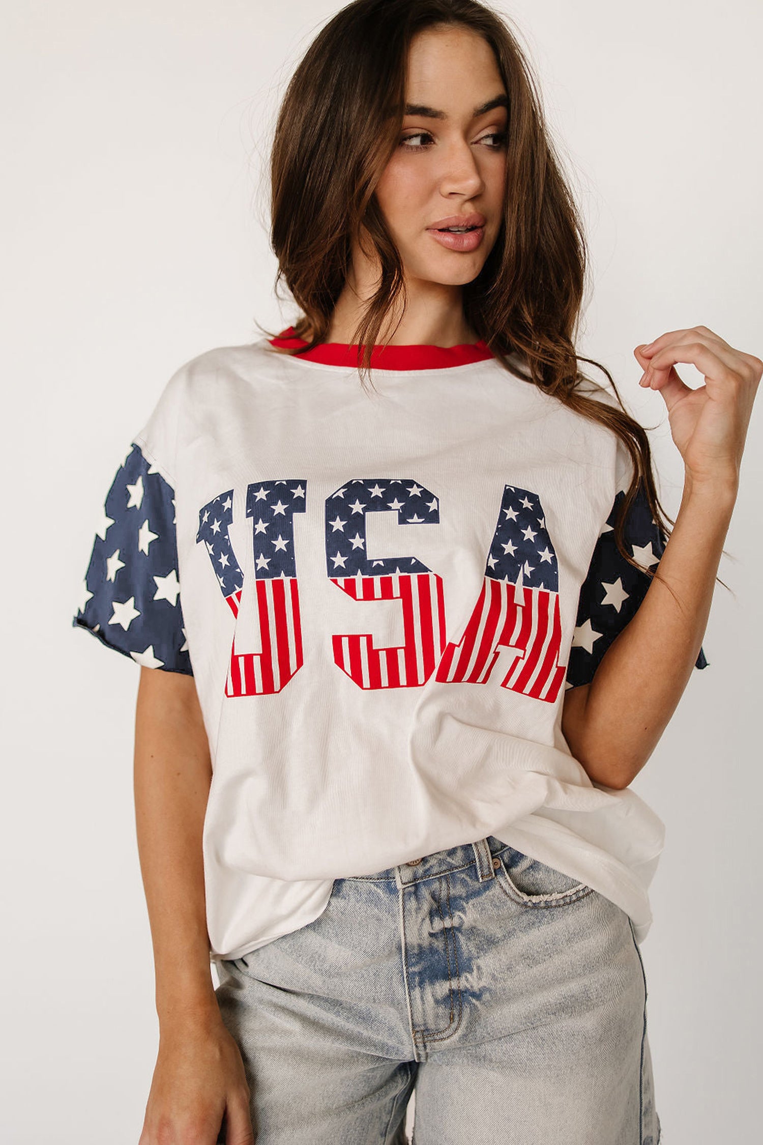 Tops & Tees - Jet Stream Flag Print USA Graphic Patchwork Casual Tee