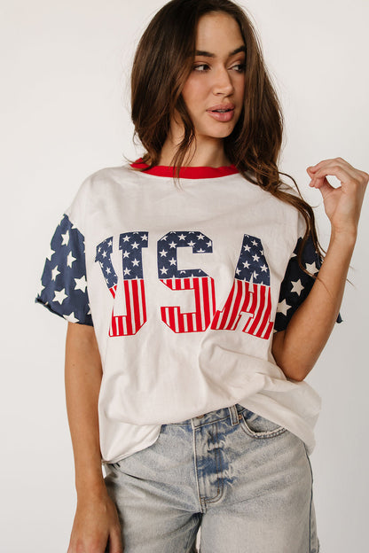 Tops & Tees - Jet Stream Flag Print USA Graphic Patchwork Casual Tee