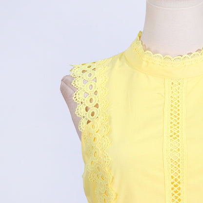Round Neck Sleeveless Waist Lace Stitching Solid Color Dress