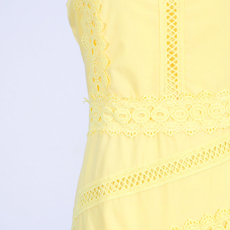 Round Neck Sleeveless Waist Lace Stitching Solid Color Dress