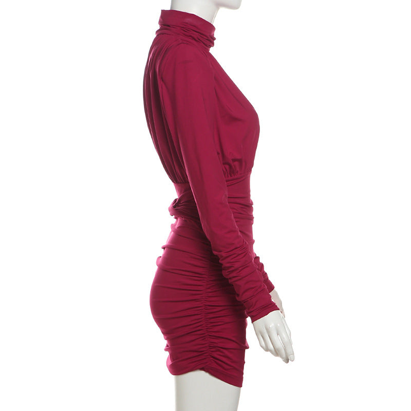 Bodycon Dresses - Temperament High Collar Pleated Waist Tight Sheath Dress