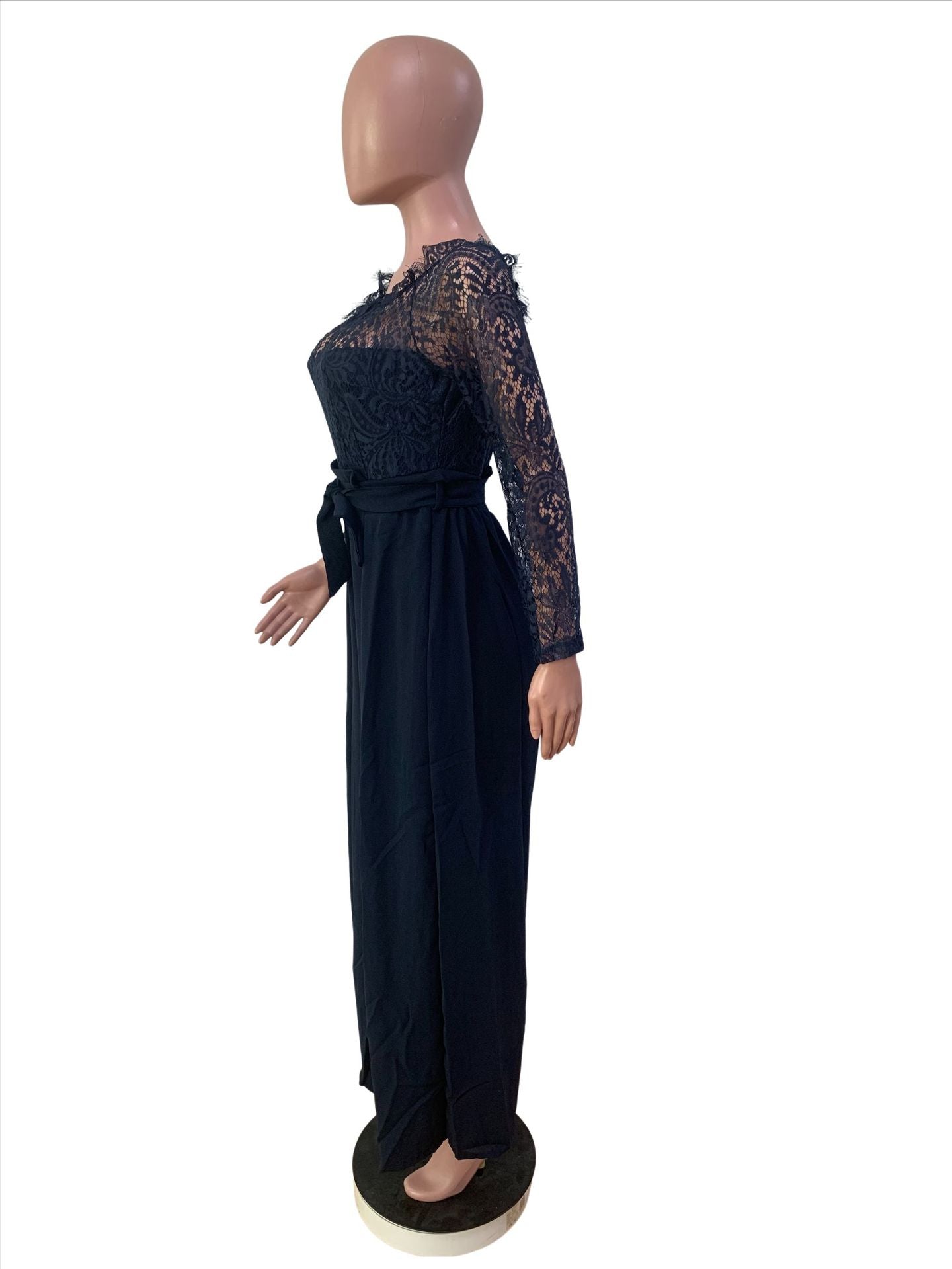 Jumpsuits - Women's Solid Color Lace High Waist Strap Loose Jumpsuit