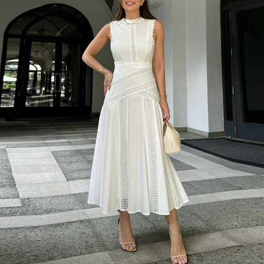 A-Line Dresses - Round Neck Sleeveless Waist Lace Stitching Solid Color Dress