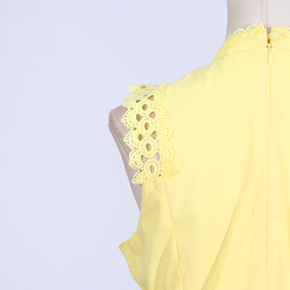 Round Neck Sleeveless Waist Lace Stitching Solid Color Dress