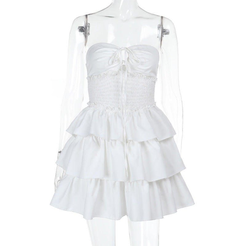 Tube Mini Dresses - Tube Top Hollow-out Cinched White Cake Dress Female Dress