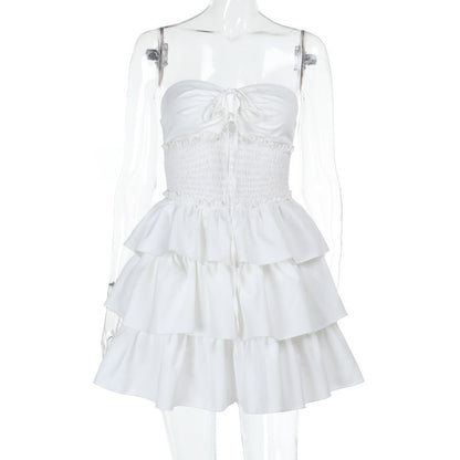 Tube Mini Dresses - Tube Top Hollow-out Cinched White Cake Dress Female Dress