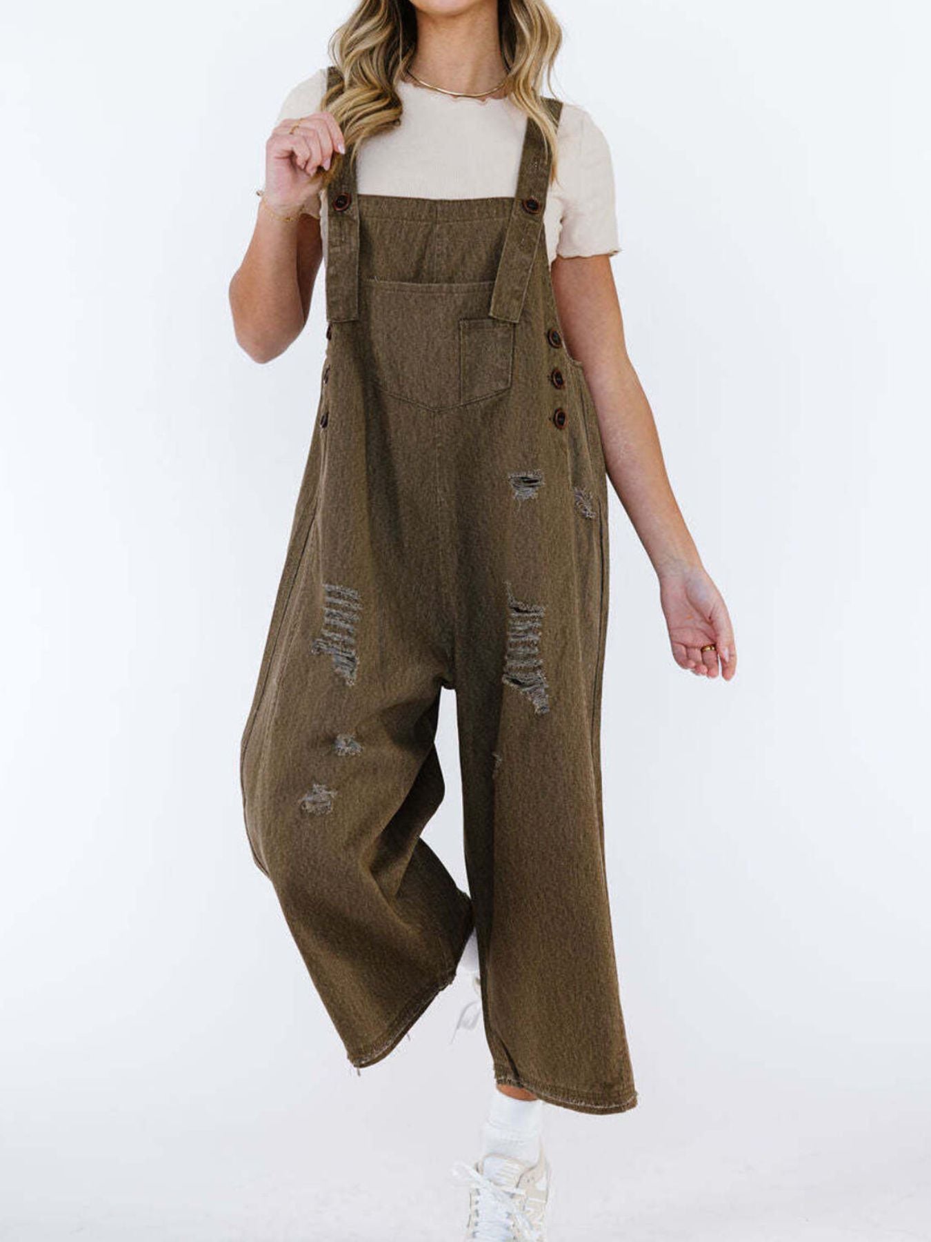  - Distressed Wide Leg Denim Overalls