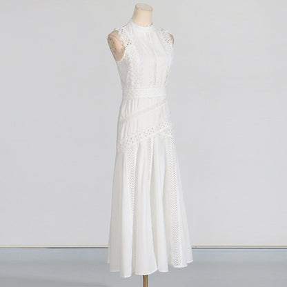 A-Line Dresses - Round Neck Sleeveless Waist Lace Stitching Solid Color Dress