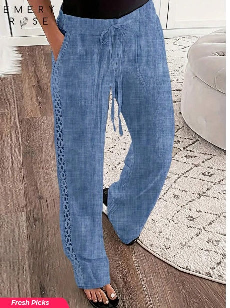 Pants - Women's Casual Side Lace Solid Denim Effect Long Pants