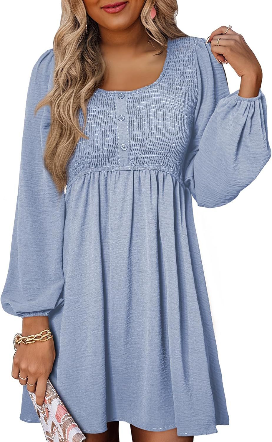 Casual Dresses - Long Sleeve High Waist A- Line Mini Dress