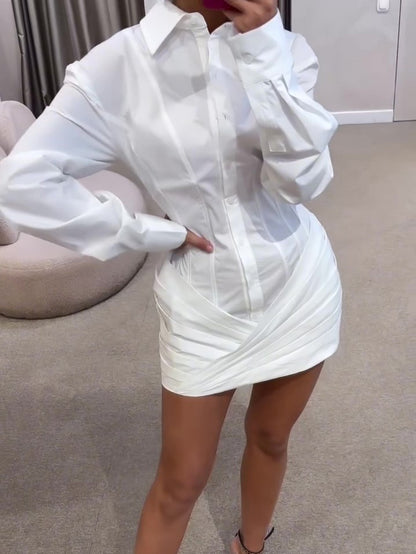 Shirt Dresses - White Pleated Long Sleeve Shirt Dress