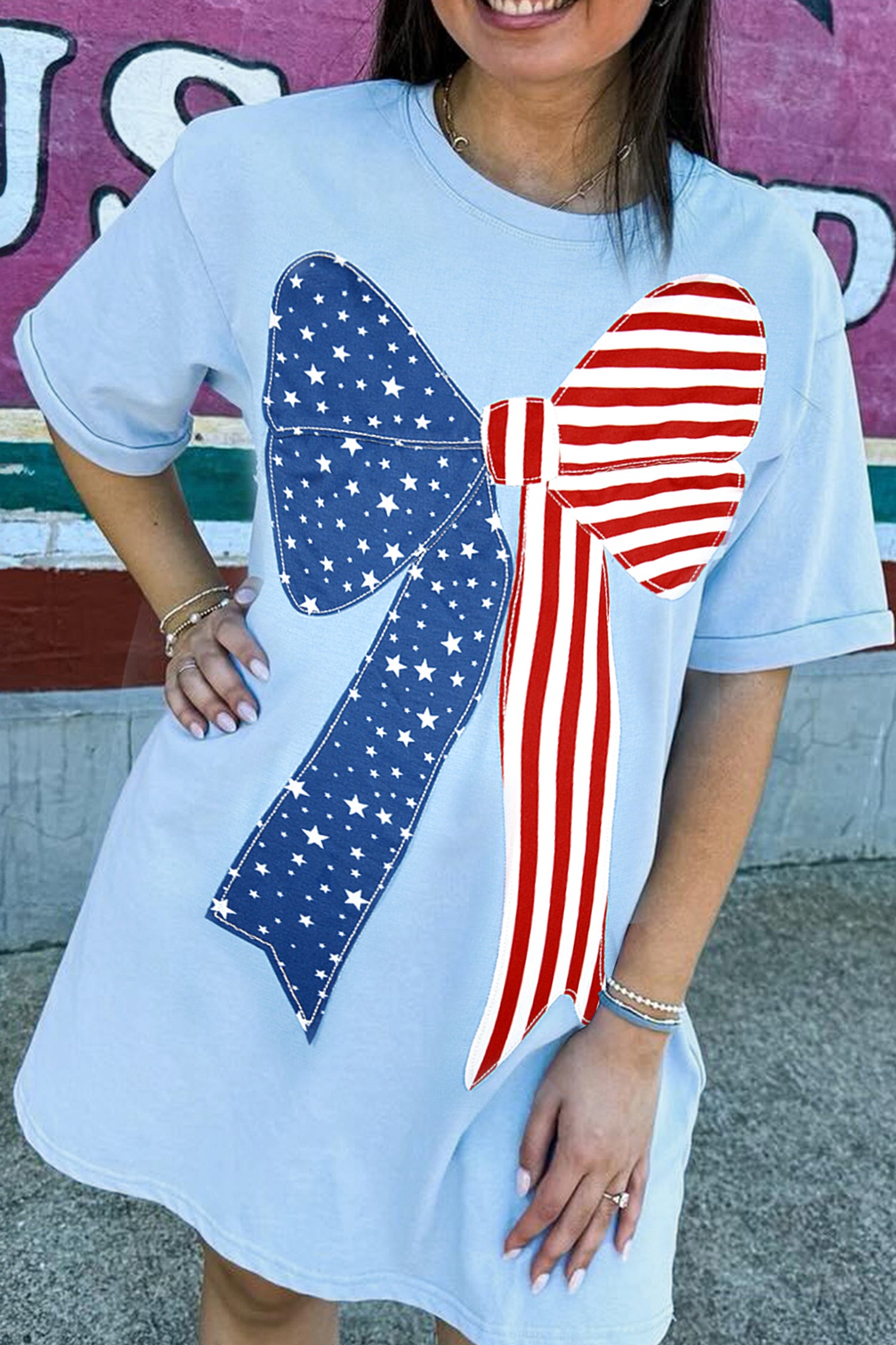 T Shirt Dresses - Beau Blue Patriotic Big Bow Stitched T Shift Mini Dress