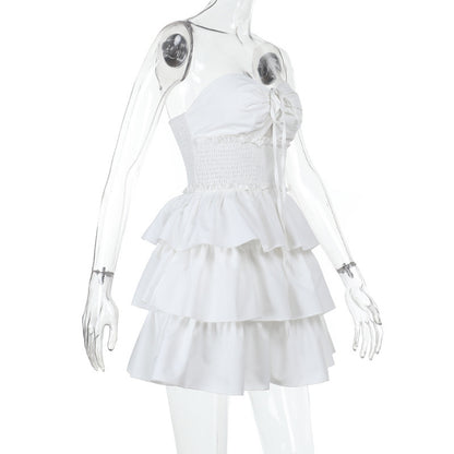 Tube Mini Dresses - Tube Top Hollow-out Cinched White Cake Dress Female Dress