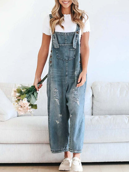  - Distressed Wide Leg Denim Overalls
