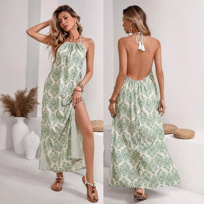 Vacation Dresses - Women's Halter Tassel Lace-up Backless Slit Holiday Dress