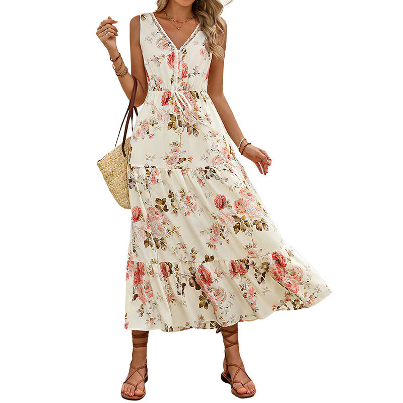 A-Line Dresses - European And American Printed Dress V-neck Lace Stitching Dress