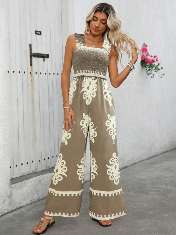 Jumpsuits - Women's Vacation Casual Sleeveless Printed Wide Leg Jumpsuit