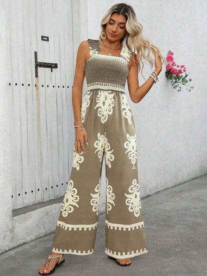 Jumpsuits - Women's Vacation Casual Sleeveless Printed Wide Leg Jumpsuit